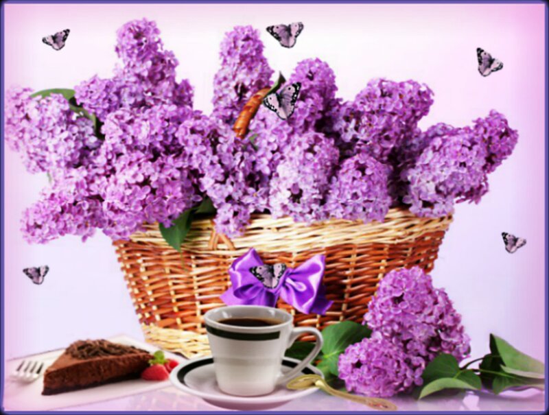 Basket of Lilac Flowers — Purple, Serene, Spring, Digital Art