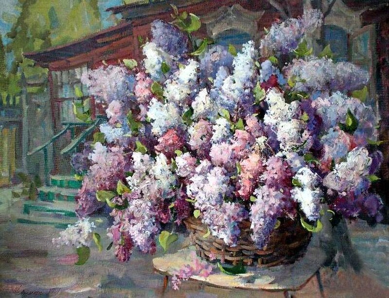 Basket of Lilac Flowers