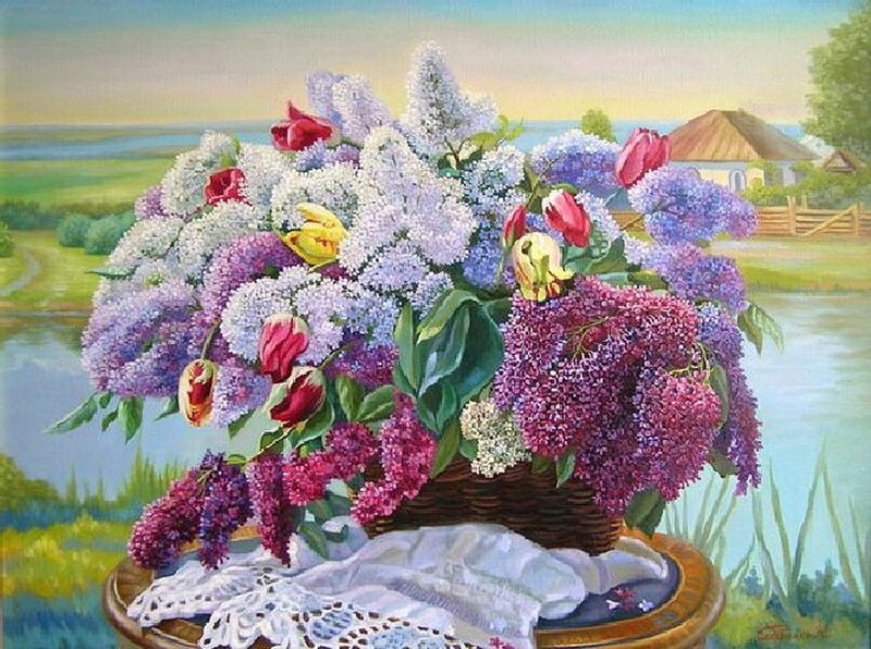 Basket of Lilacs and Tulips