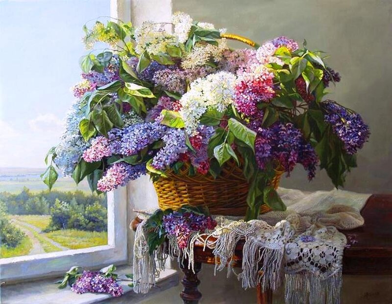 Basket of Lilacs on Table