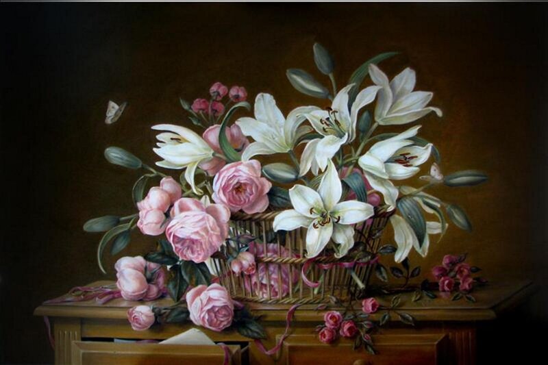 Basket of Lilies and Roses