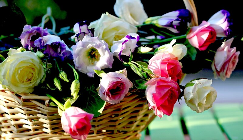 Basket of Mixed Flowers — Pink, Bright