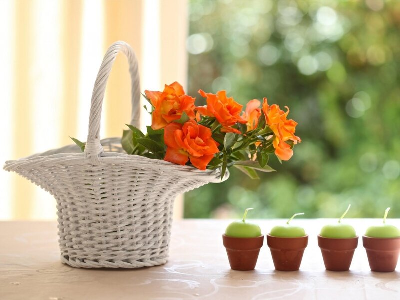 Basket of Orange Roses — White