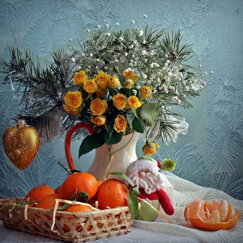 Basket of Oranges and Flowers