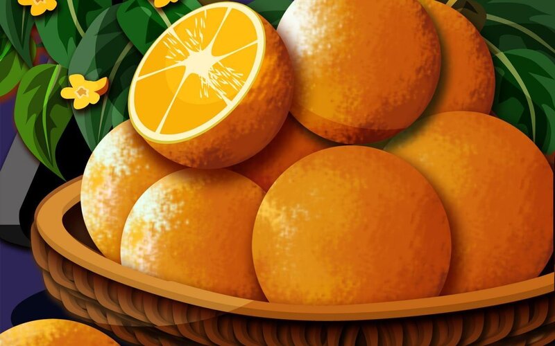 basket of oranges with leaves
