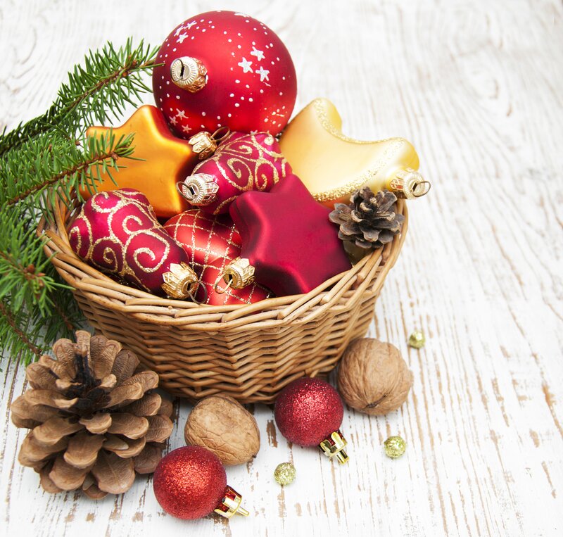 Basket of Ornaments — Red, Festive