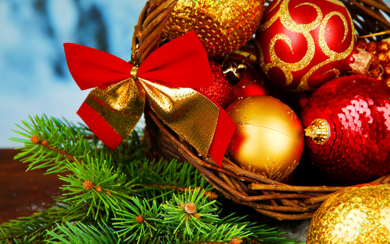 Basket of Ornaments — Red, Festive, Winter