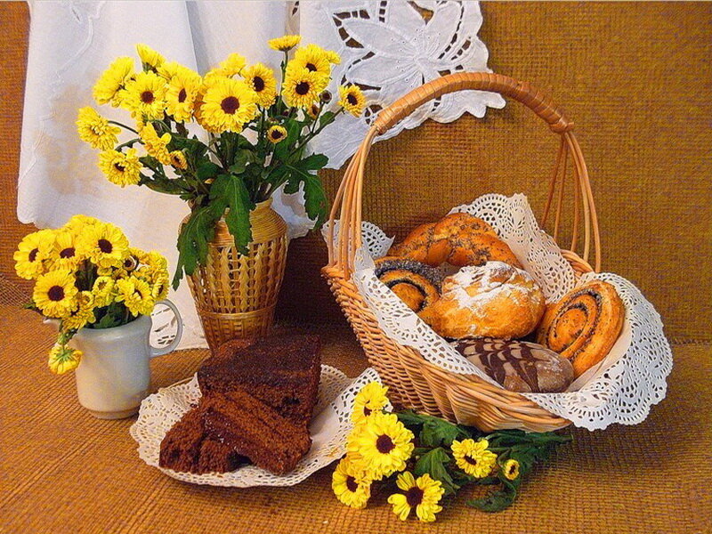 Basket of Pastries and Flowers