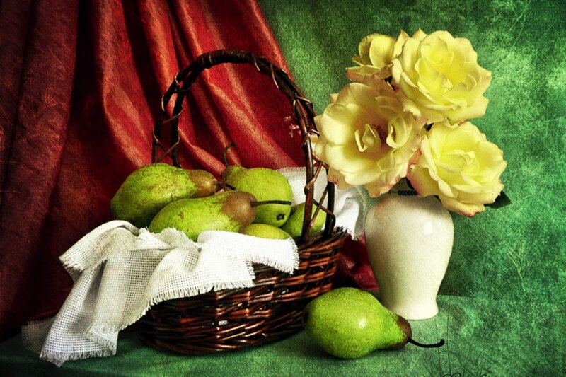 Basket of Pears and Roses