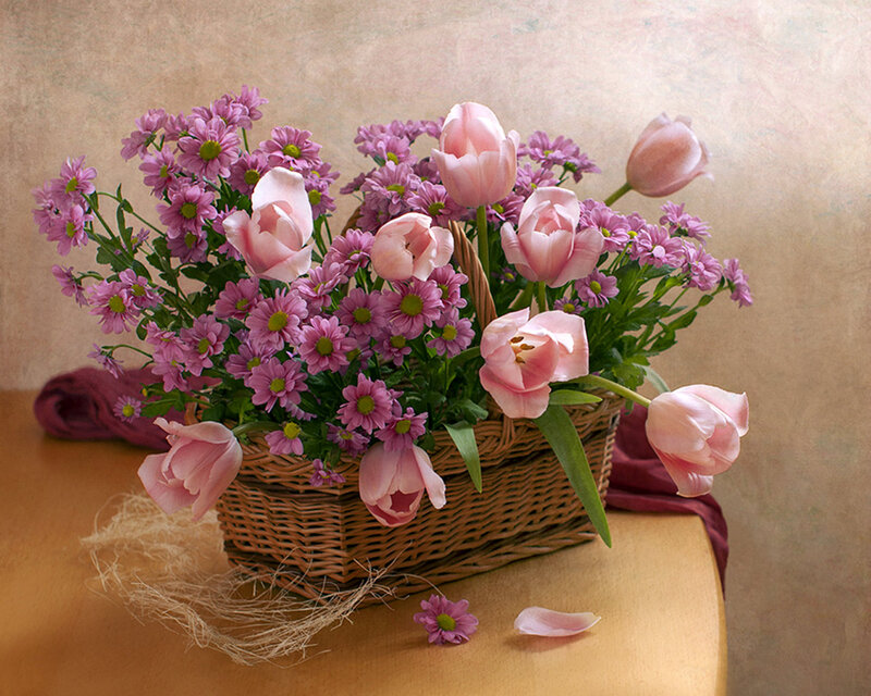 Basket of Pink Flowers — Serene, Spring