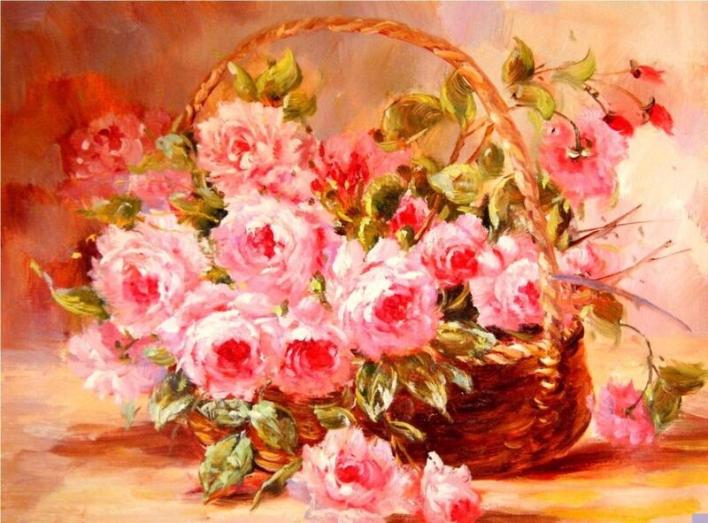 Basket of Pink Roses — Calm, Painting