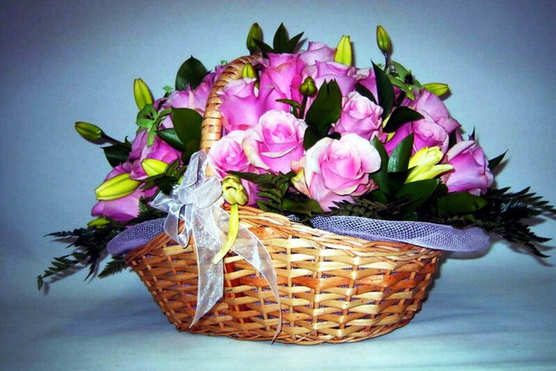 Basket of Pink Roses — Calm, Photograph, Lilies
