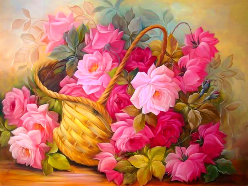 Basket of Pink Roses — Serene, Painting