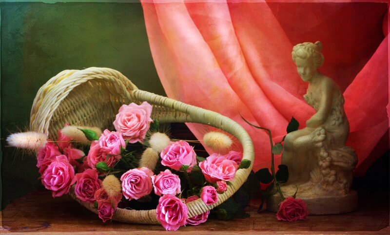 Basket of Pink Roses — Serene, Photograph, Statue