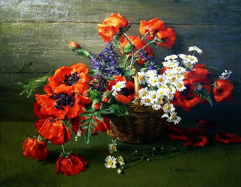 Basket of Poppies and Daisies