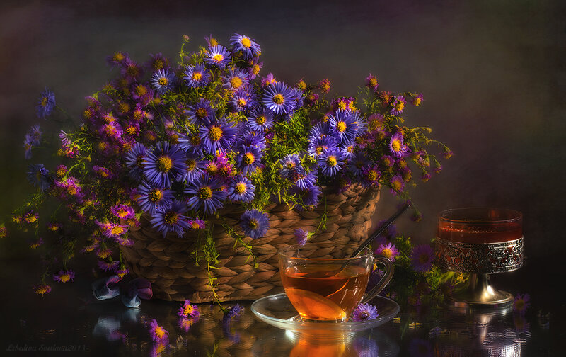Basket of Purple Flowers — Dramatic, Photograph