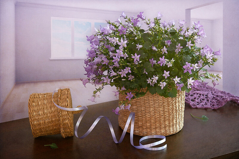 Basket of Purple Flowers — Serene, 3d Render