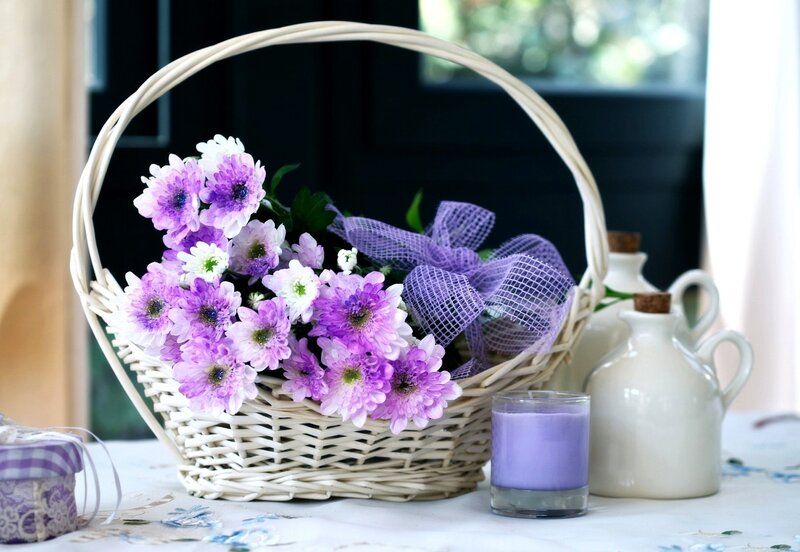 Basket of Purple Flowers — Serene, Afternoon