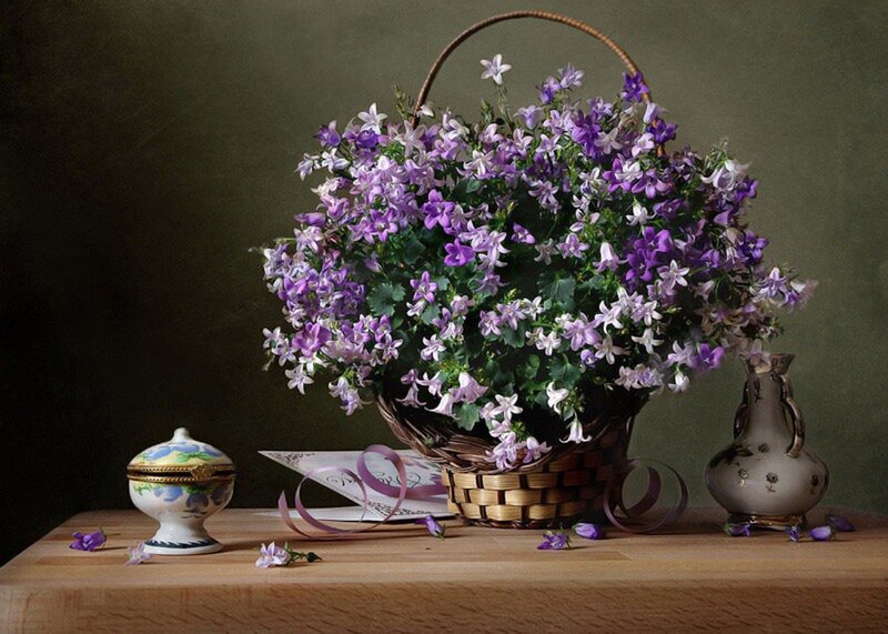 Basket of Purple Flowers — Serene, Photograph