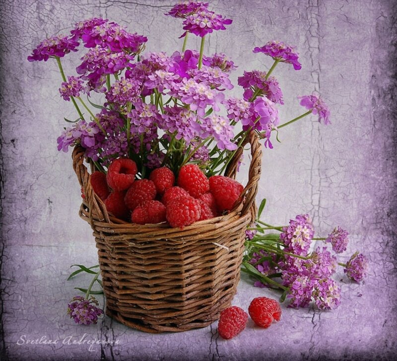 Basket of Raspberries and Flowers