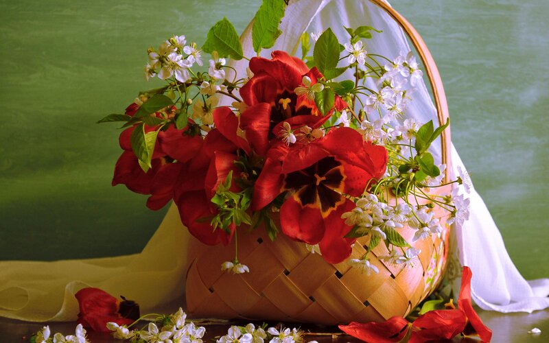 Basket of Red and White Flowers