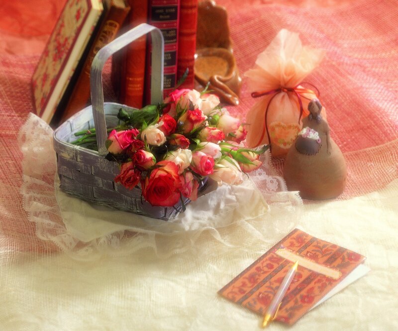 Basket of Roses and Books