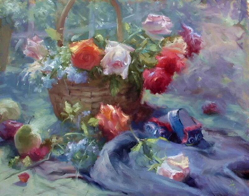 Basket of Roses and Fruit — Red