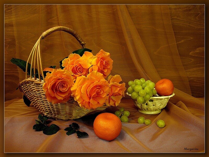basket of roses and fruit