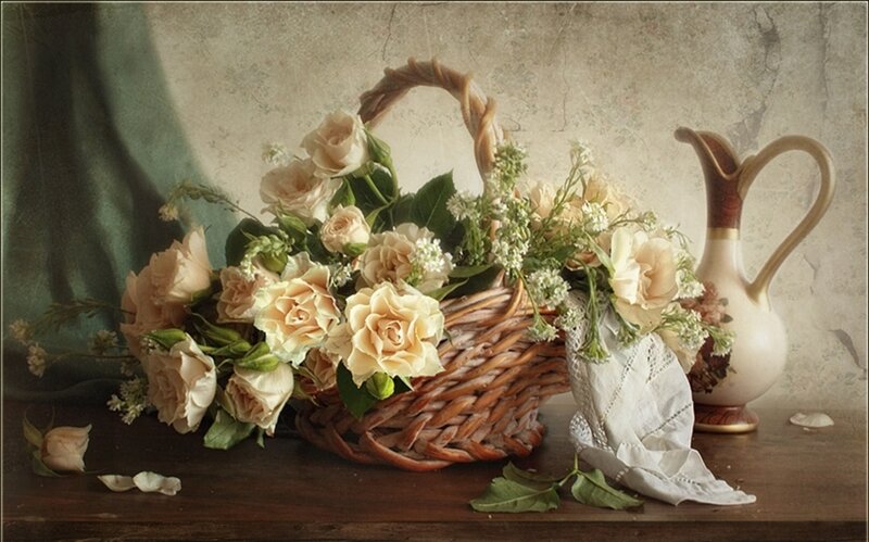 Basket of Roses and Pitcher