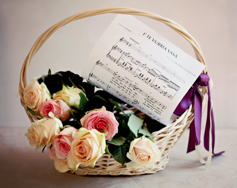 Basket of Roses and Sheet Music — Pink, Romantic