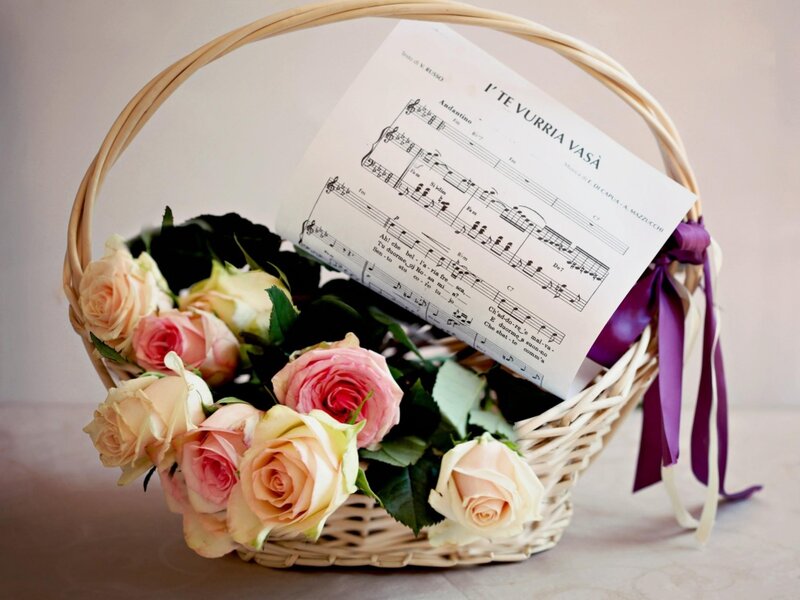 Basket of Roses and Sheet Music — Pink, Serene