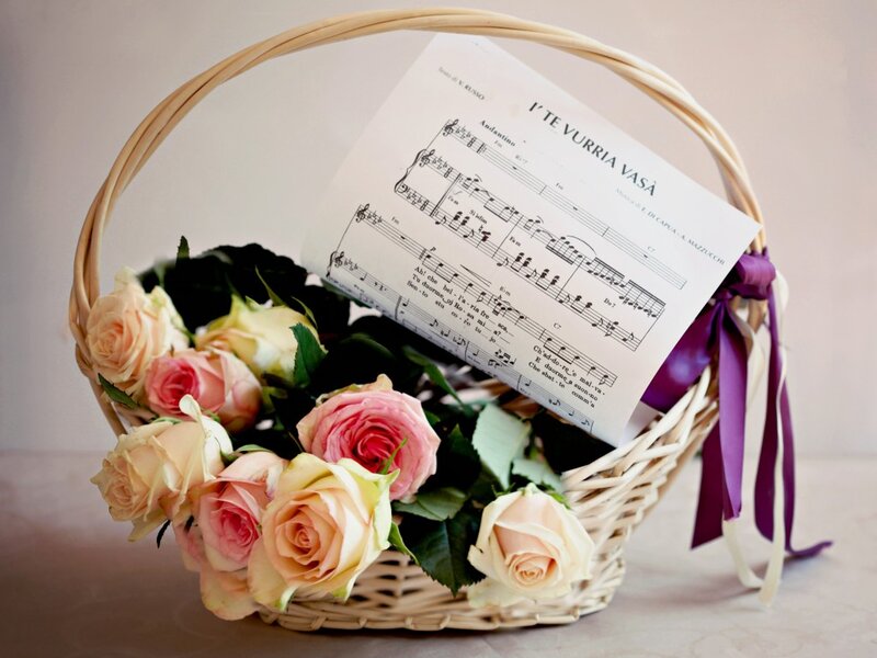 Basket of Roses and Sheet Music — Pink