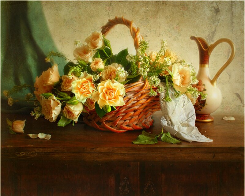 Basket of Roses on Table — Brown