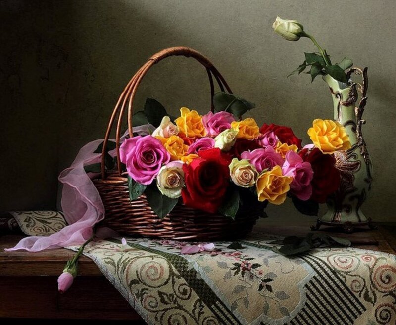 Basket of Roses — Pink, Serene, Photograph, Vase