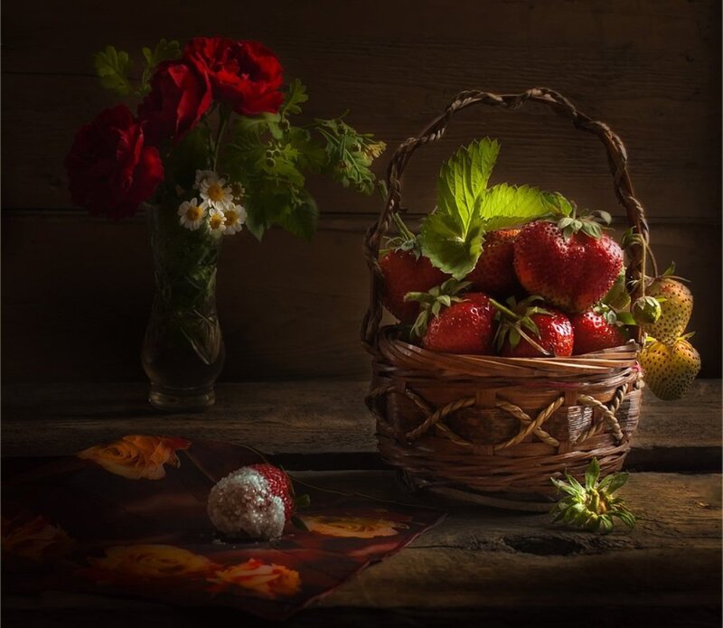 Basket of Strawberries — Red, Dramatic, Photograph