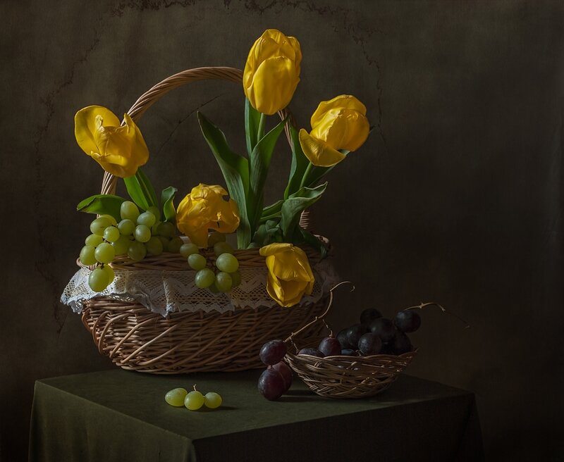 Basket of Tulips and Grapes