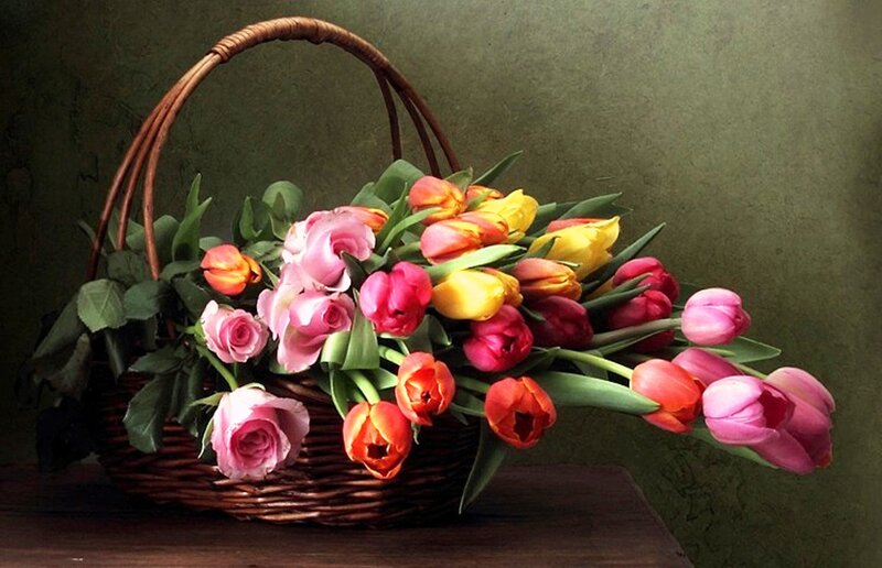 Basket of Tulips and Roses