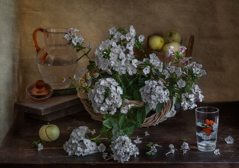 Basket of White Flowers — Brown