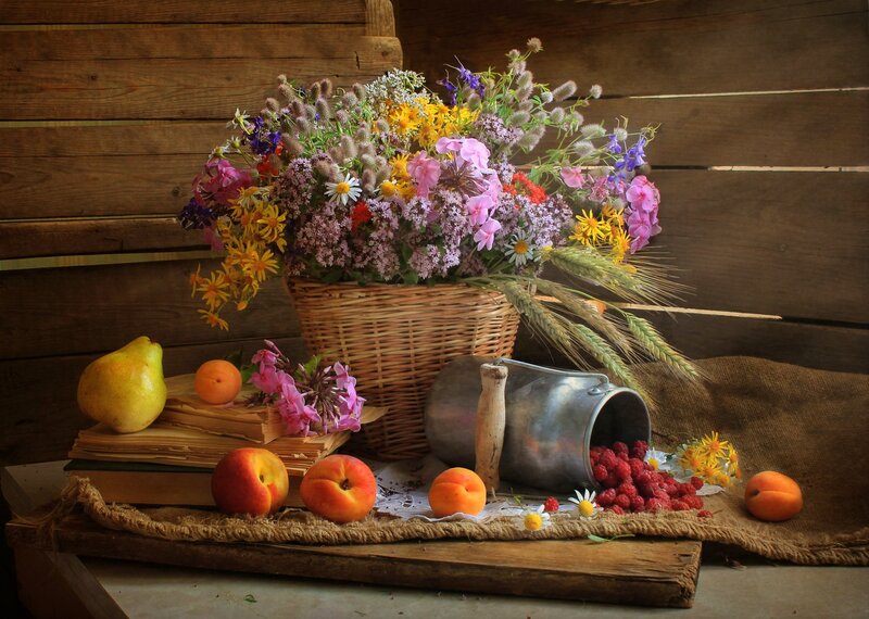 Basket of Wildflowers and Fruit