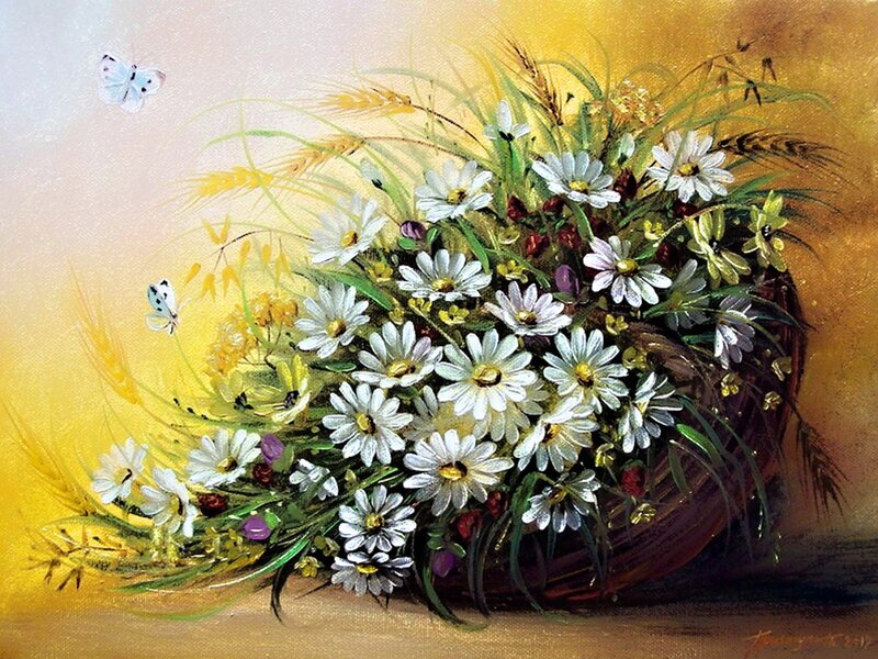 Basket of Wildflowers — Yellow, Serene, Afternoon