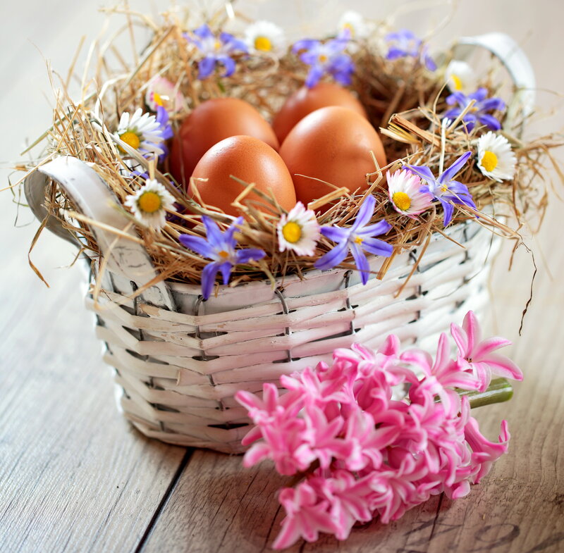 Basket with Eggs and Flowers — White