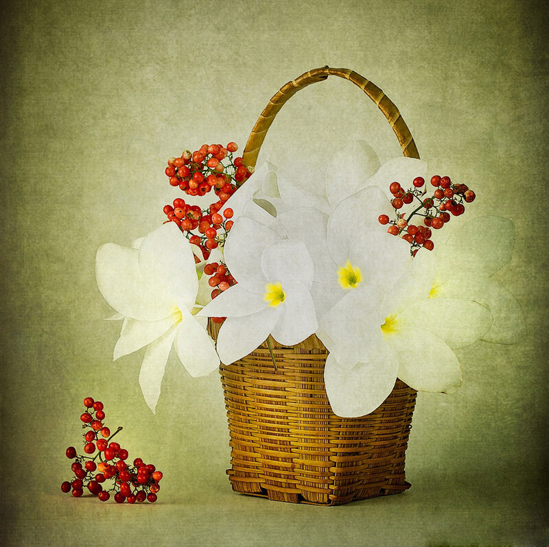 Basket with Flowers and Berries — White