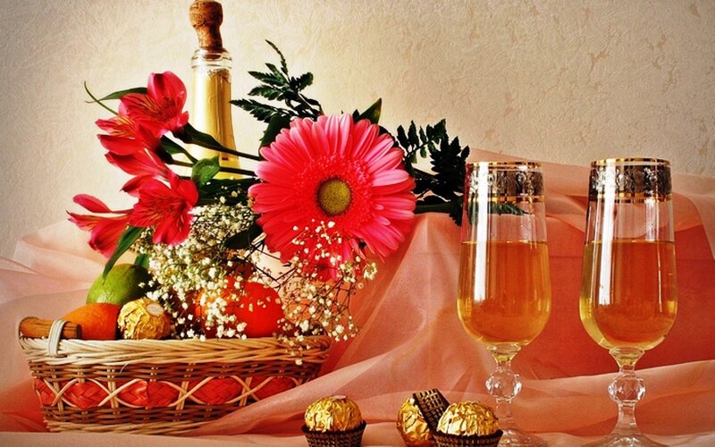 Basket with Flowers and Drinks
