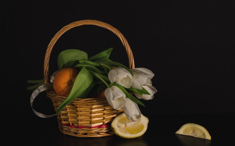 Basket with Flowers and Fruit