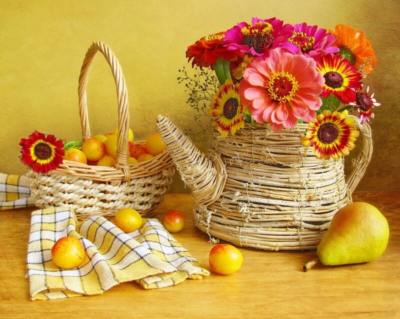 Basket with Flowers and Fruit — Yellow