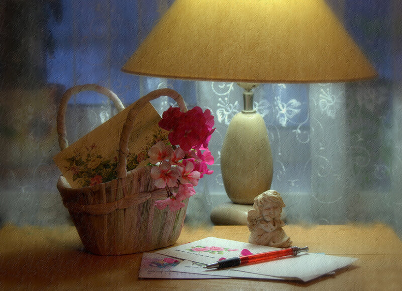 Basket with Flowers on Table