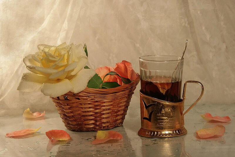 Basket with Roses and Tea