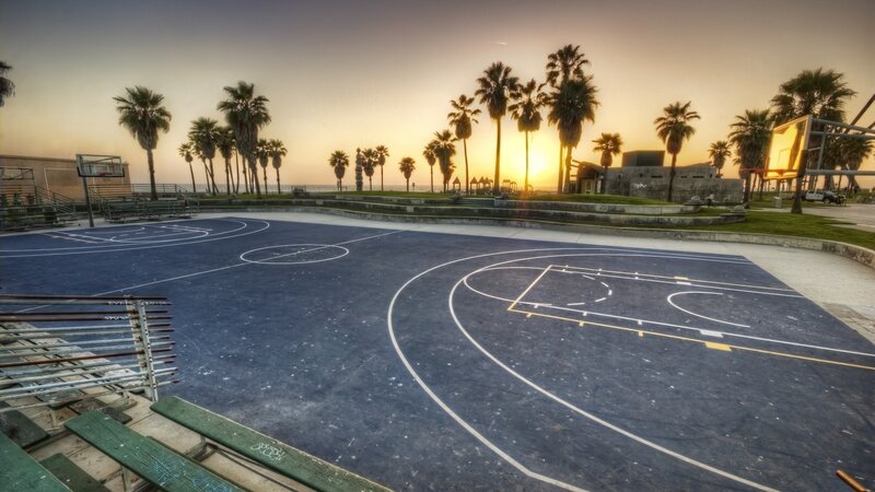 Basketball Court at Sunset — Blue, Serene, Photograph