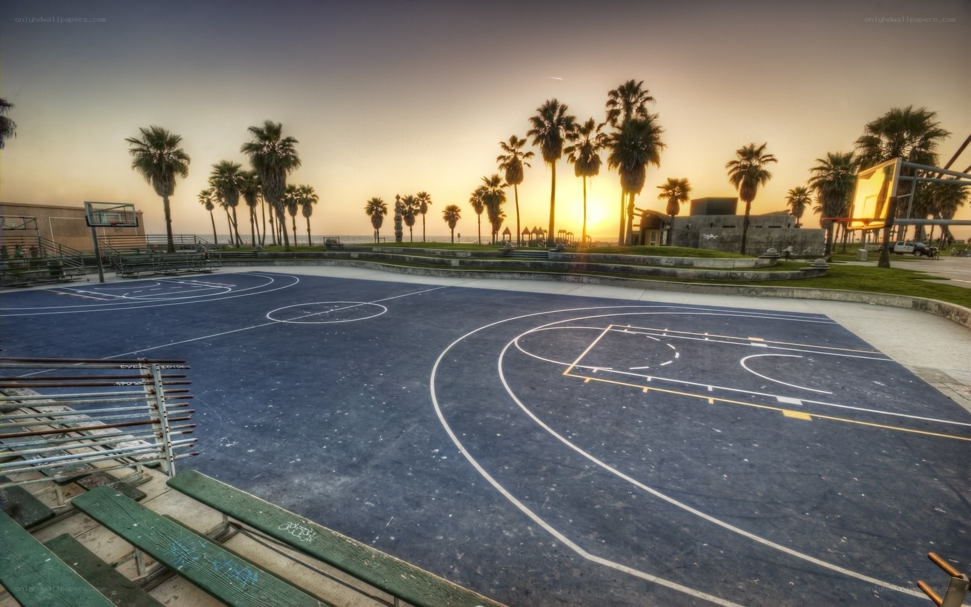 basketball court at sunset