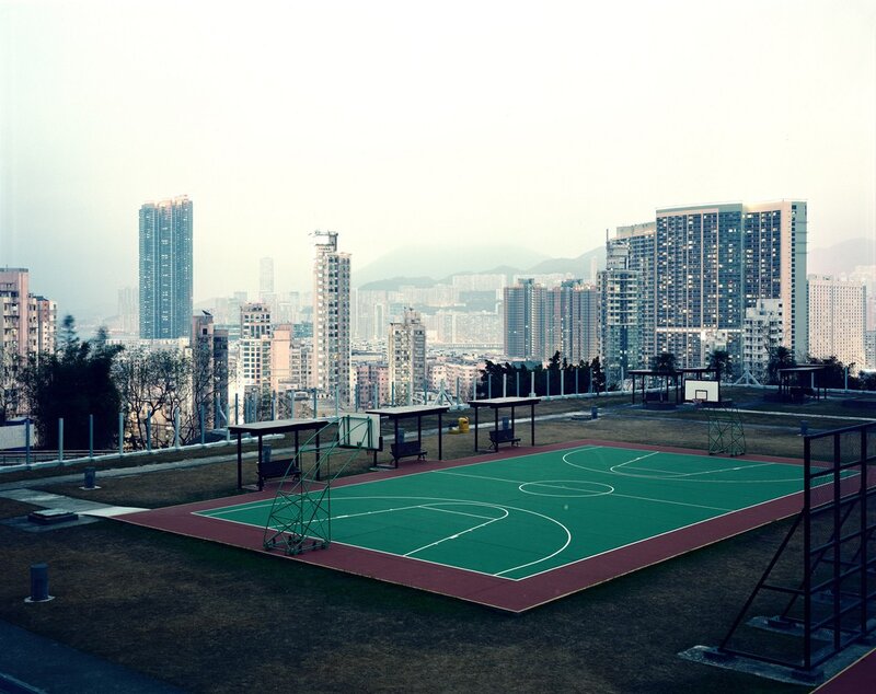basketball court with city view